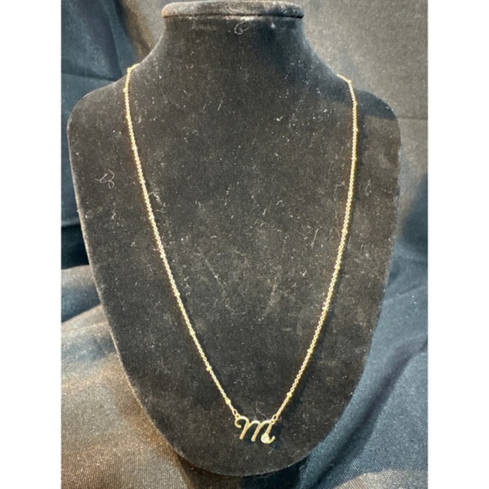 Gold Tone Script Letter M Necklace With Crystal Accent